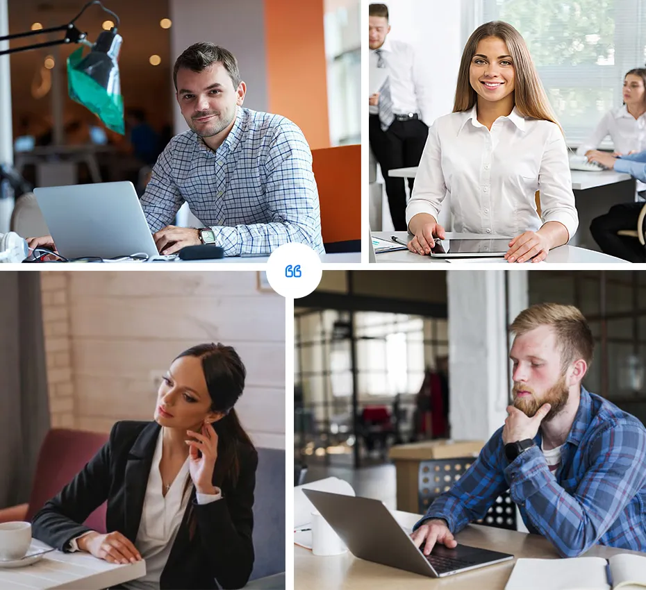 foto de cuatro colaboradores de un empresa, son dos hombres y dos mujeres, sentados en su escritorio